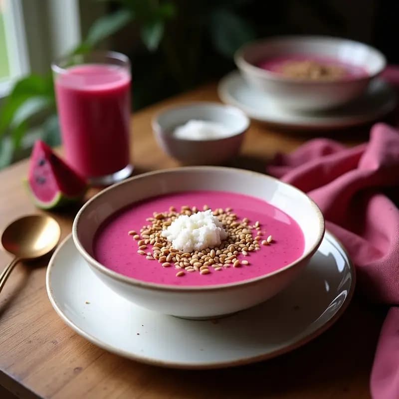 Smoothie Bowl de Pitaya Rosa y Leche de Dátiles con Toppings de Coco y Semillas de Sésamo Negro