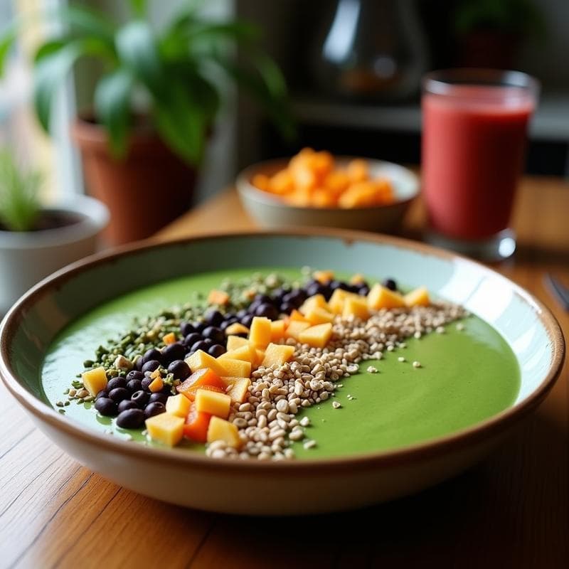 Smoothie Bowl de Spirulina y Plátano con Toppings Crunchy: Desayuno Superalimento Sin Gluten
