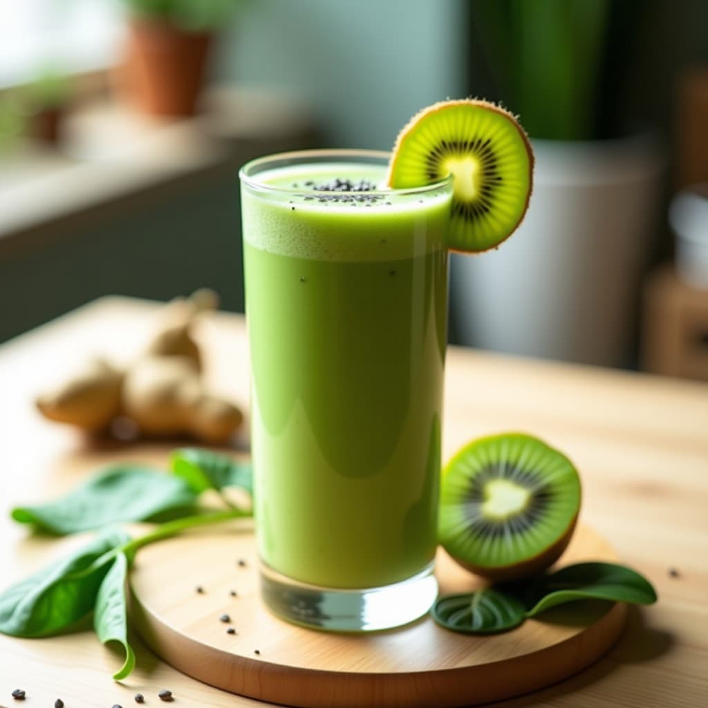 Smoothie de Espinaca, Kiwi y Jengibre con Leche de Soja: Bebida Verde para Fortalecer el Sistema Inmune