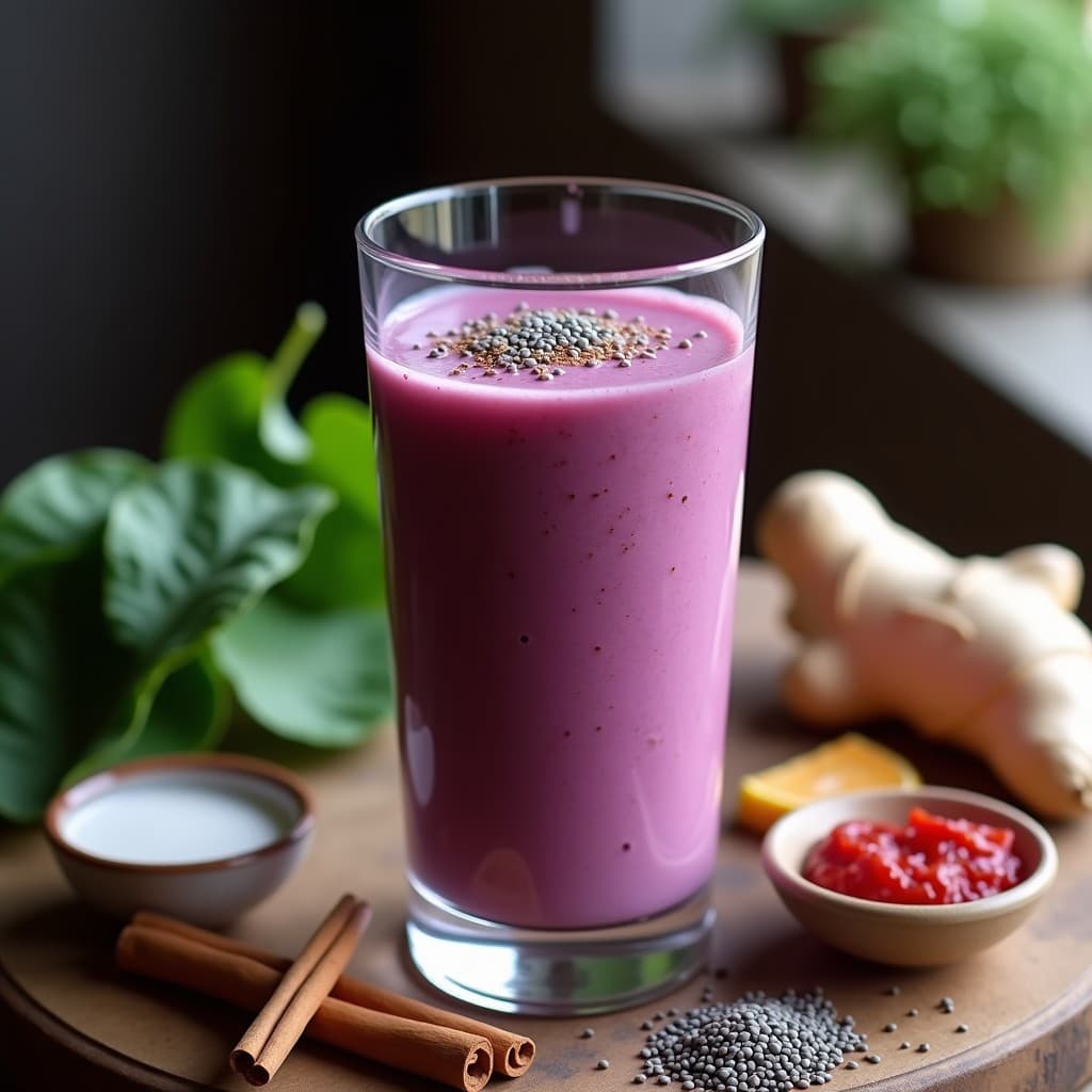 Smoothie de Espinaca Morada y Leche de Camella con Semillas de Chía: Bebida Sri Lankesa Antioxidante