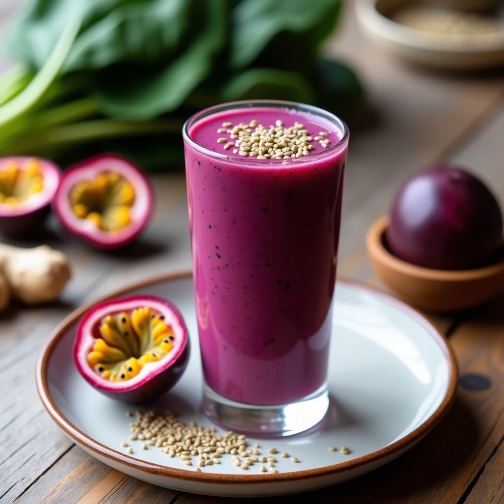 Smoothie de Espinaca Morada y Maracuyá con Semillas de Cáñamo: Bebida Para Depurar y Energizar