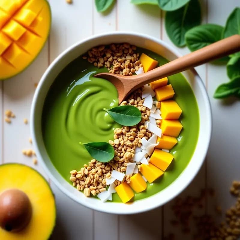 Smoothie de Espinacas, Mango y Chía con Topping de Granola: Desayuno Tropical y Nutritivo