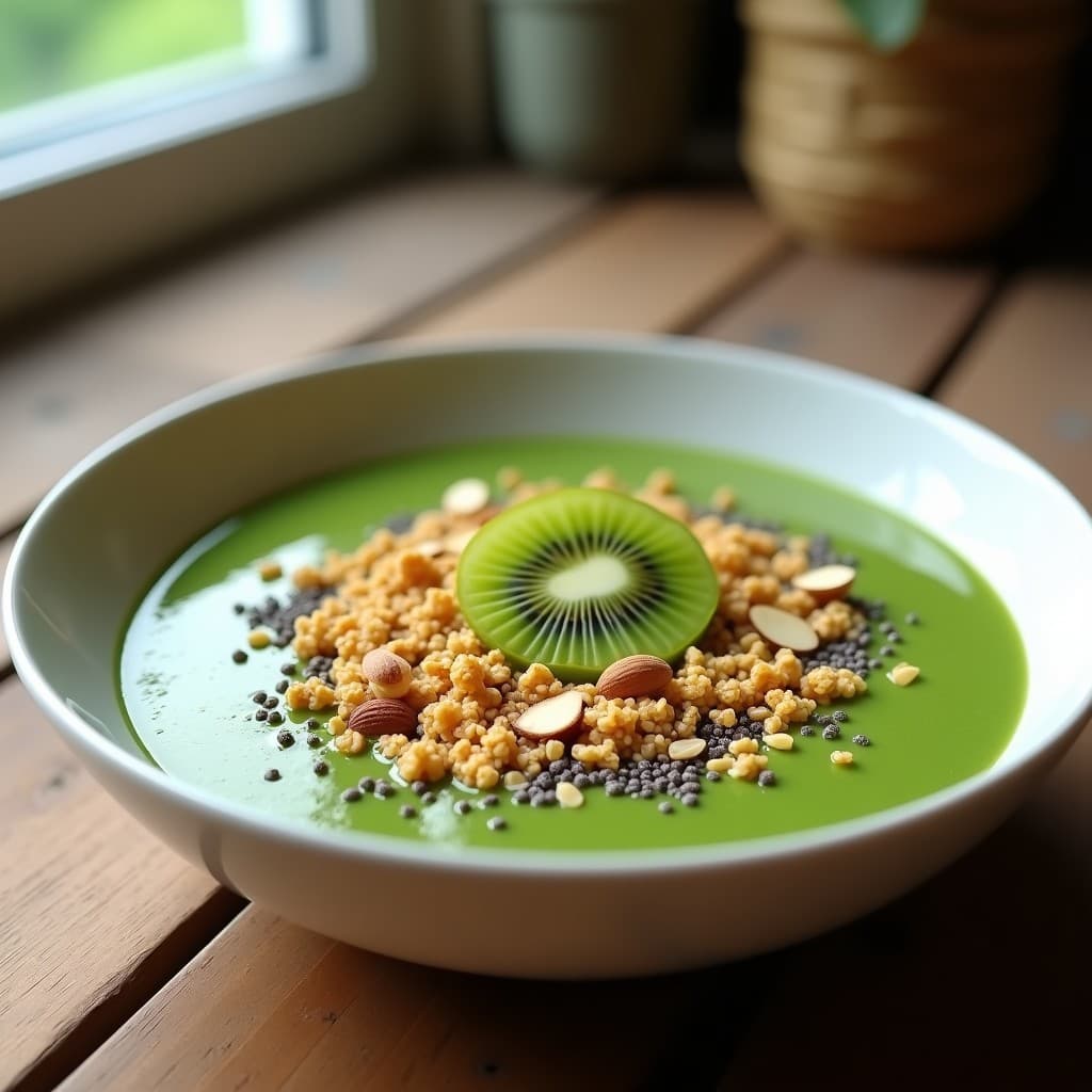 Smoothie de Espirulina y Kiwi con Topping de Granola de Quinoa: Desayuno Detox y Proteico