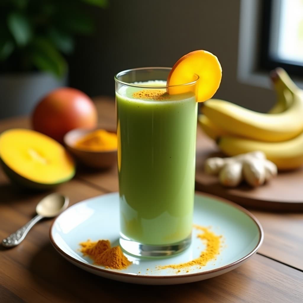 Smoothie de Espirulina y Mango con Leche de Cúrcuma: Bebida Verde Alto en Nutrientes