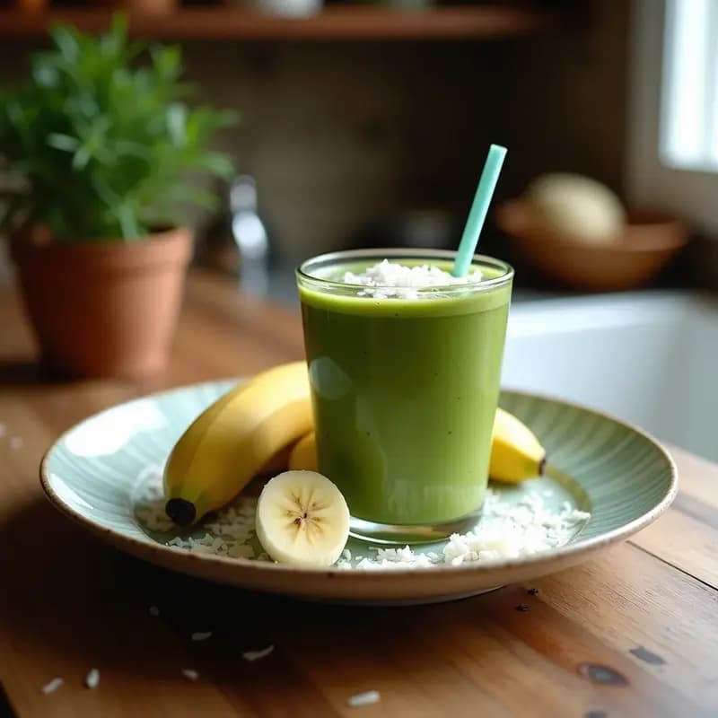 Smoothie de Espirulina y Plátano con Toppings de Coco Rallado: Batido Verde Viral para TikTok