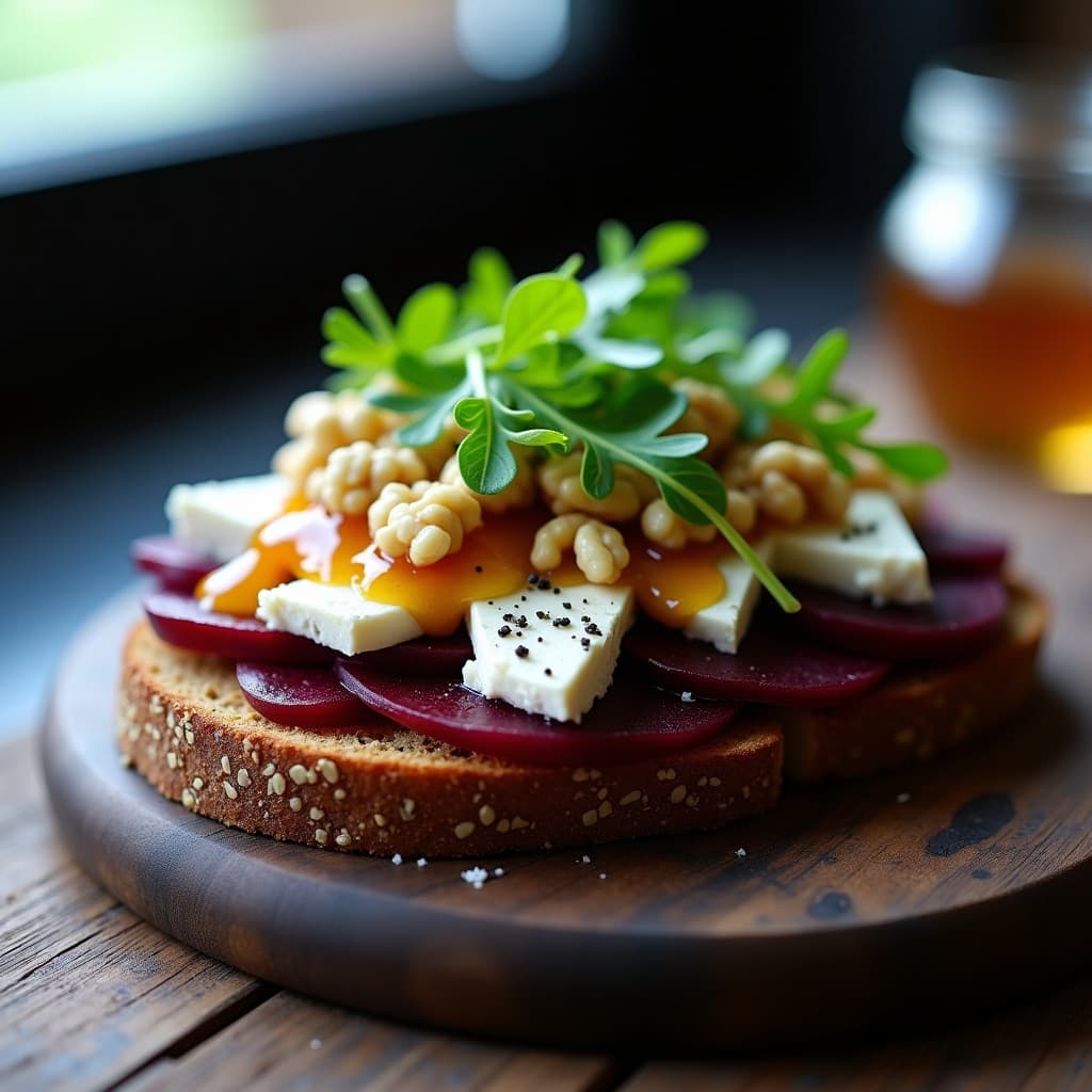 Smørrebrød de Remolacha Asada y Queso Azul con Mermelada de Cebolla: Entrante Danés Gourmet en 15 Minutos