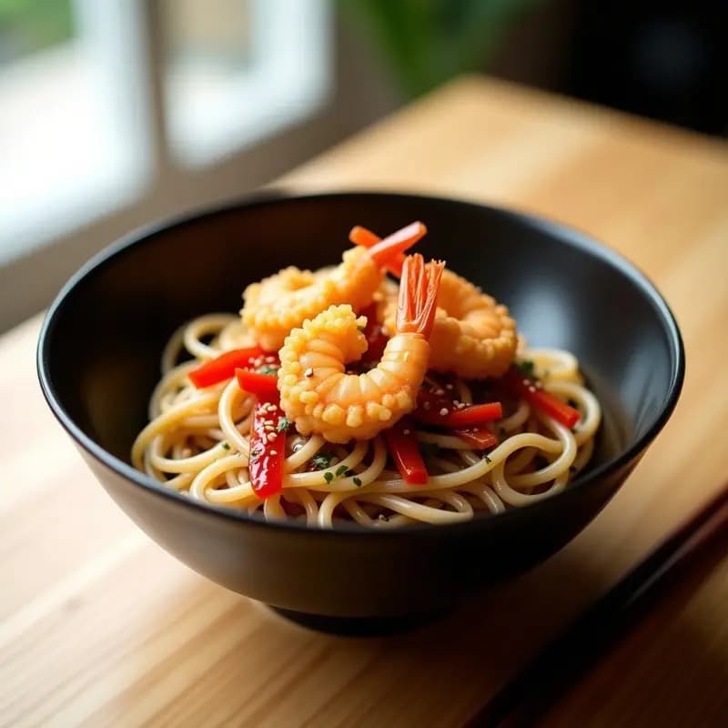 Soba Noodles con Tempura de Camarón: Receta Japonesa en Airfryer y con Salsa Teriyaki