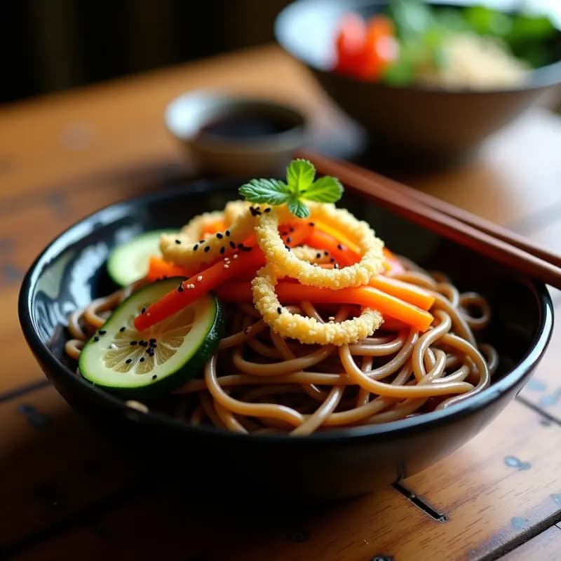 Soba Salteada con Tempura de Vegetales: Receta Japonesa Crujiente y Vegana