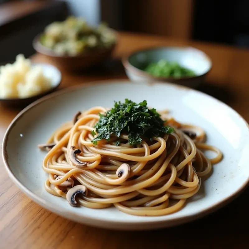 Soba de Trigo Sarraceno con Hongos Shiitake: Receta Japonesa Vegana con Caldo Dashi de Algas