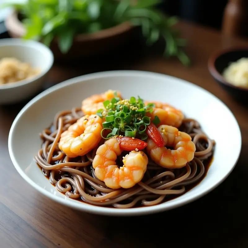 Soba de Trigo Sarraceno con Tempura de Camarones y Salsa Tentsuyu: Plato Japonés Sin Gluten