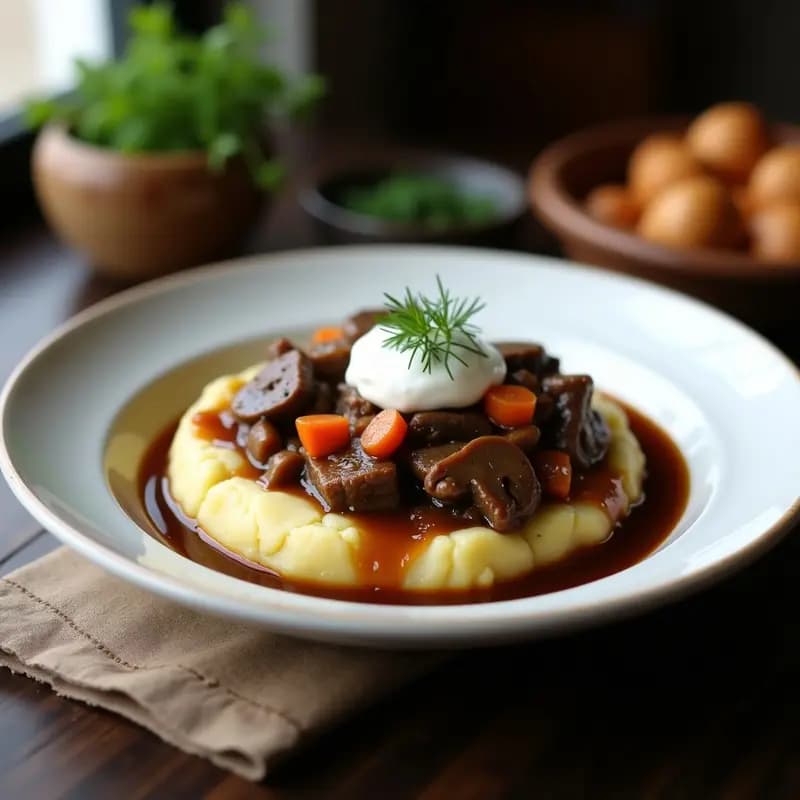 Sokolovskaia de Carne y Hongos: Receta Rusa en Olla con Puré de Patatas y Nata Ácida
