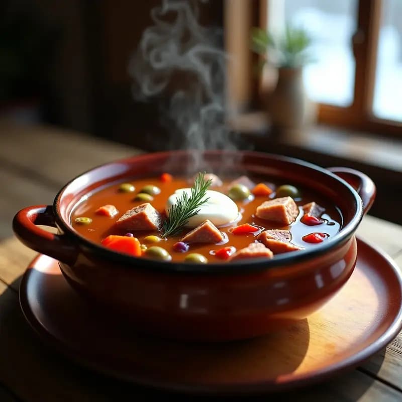 Solianka Rusa con Carnes Mixtas y Encurtidos: Sopa Ácida y Sustanciosa de Invierno