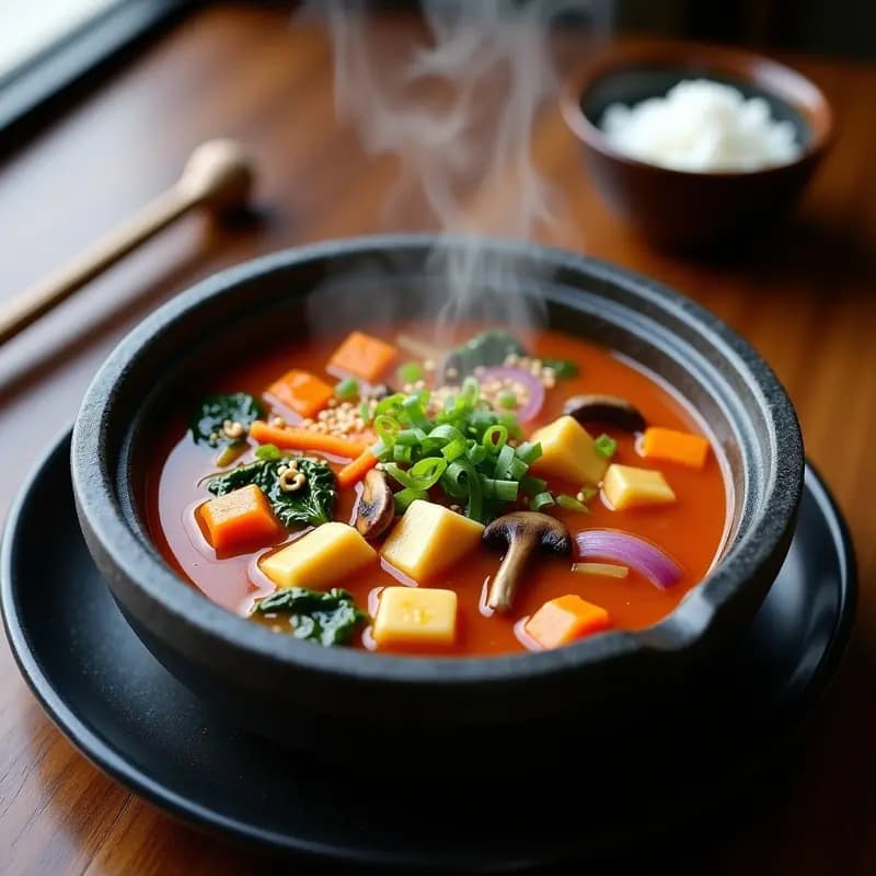 Soondubu Jjigae Coreano con Tofu Suave y Verduras: Sopa Picante y Vegana