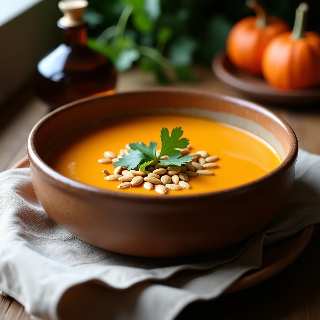 Sopa de Algarroba y Calabaza con Crujiente de Semillas de Girasol: Receta en Olla Exprés Sin Lácteos
