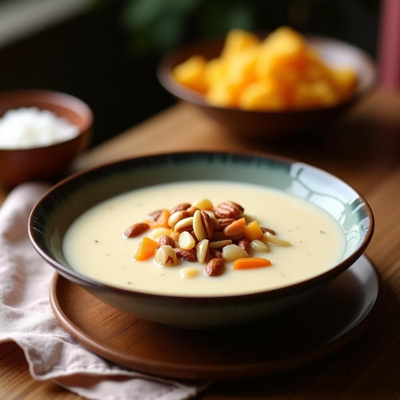 Sopa de Algodón de Azúcar y Coco: Postre Líquido Tailandés tipo Dessert Soup con Frutos Secos