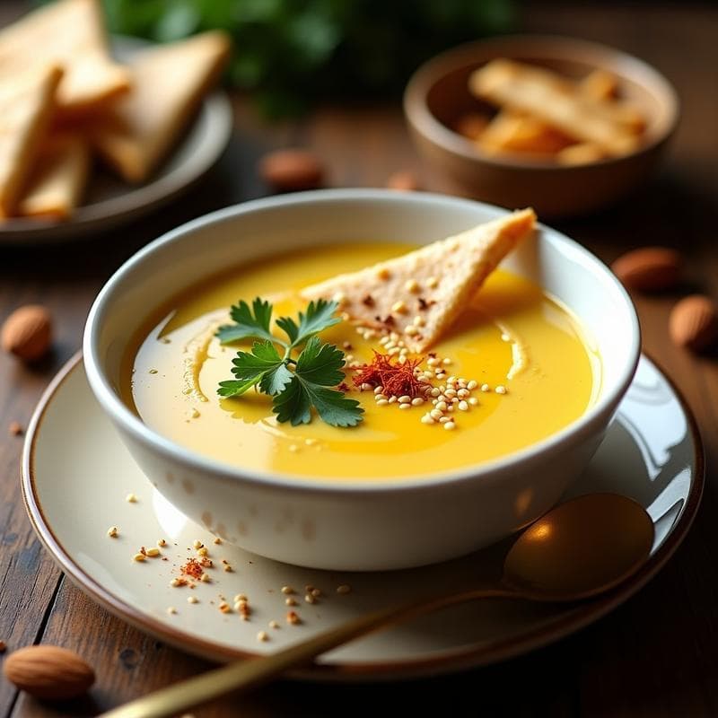 Sopa de Almendras y Azafrán con Crujiente de Pan Pita: Receta Árabe Cremosa y Reconfortante