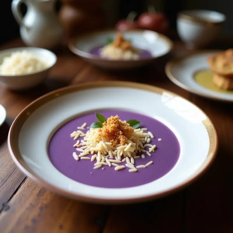 Sopa de Batata Morada y Leche de Coco con Crujiente de Coco: Receta Tailandesa Vegana en Thermomix