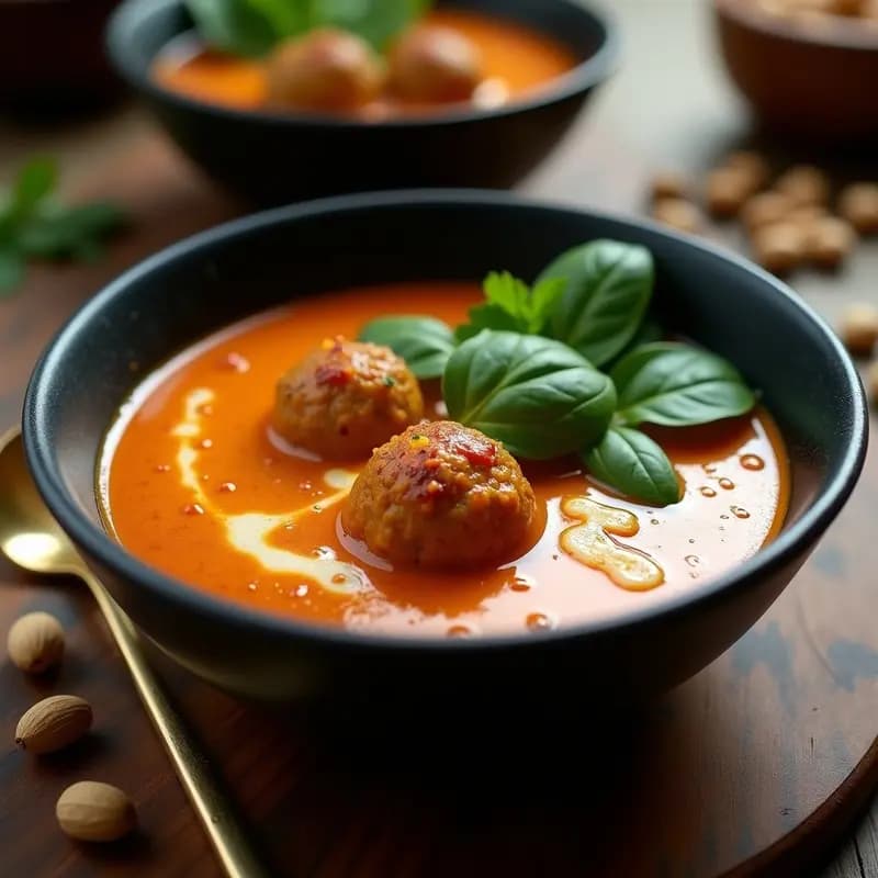 Sopa de Cacahuete y Tomate con Albóndigas de Garbanzos: Receta Africana Vegana y Reconfortante
