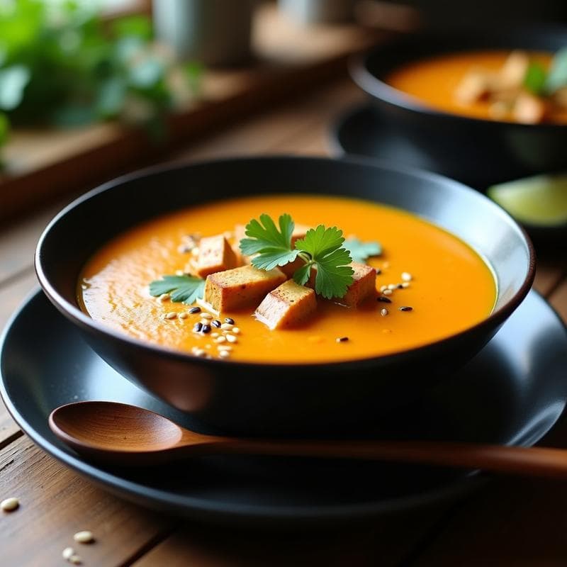 Sopa de Calabaza y Jengibre con Tofu Ahumado: Receta en Thermomix Vegana