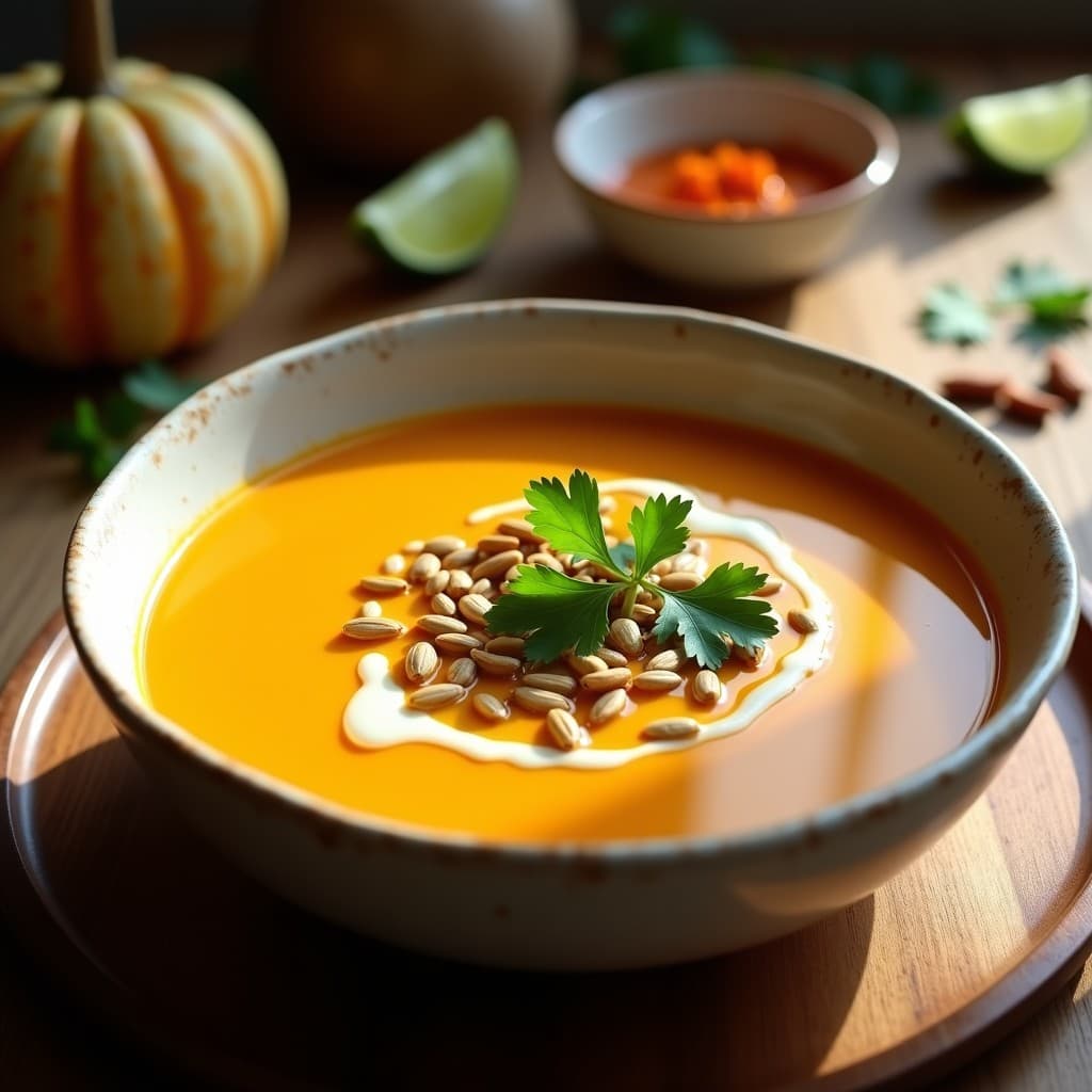 Sopa de Calabaza Kabocha y Leche de Almendras con Semillas de Calabaza: Receta Tailandesa Reconfortante