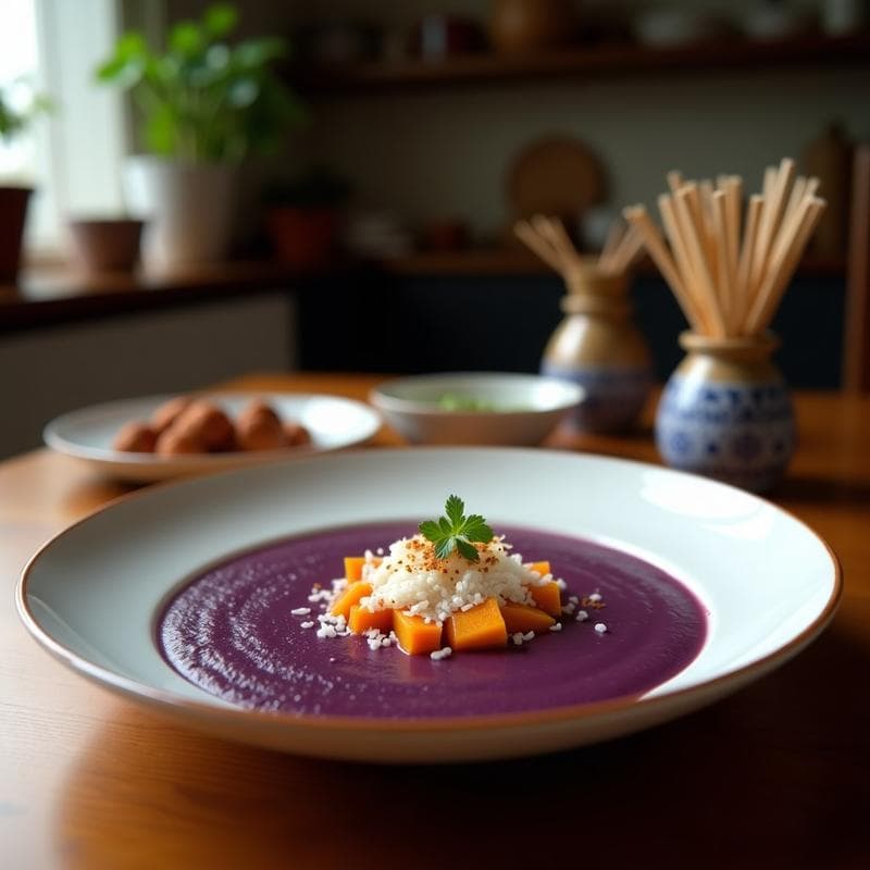 Sopa de Calabaza Morada y Jengibre con Crujiente de Coco: Receta Tailandesa Antinflamatoria