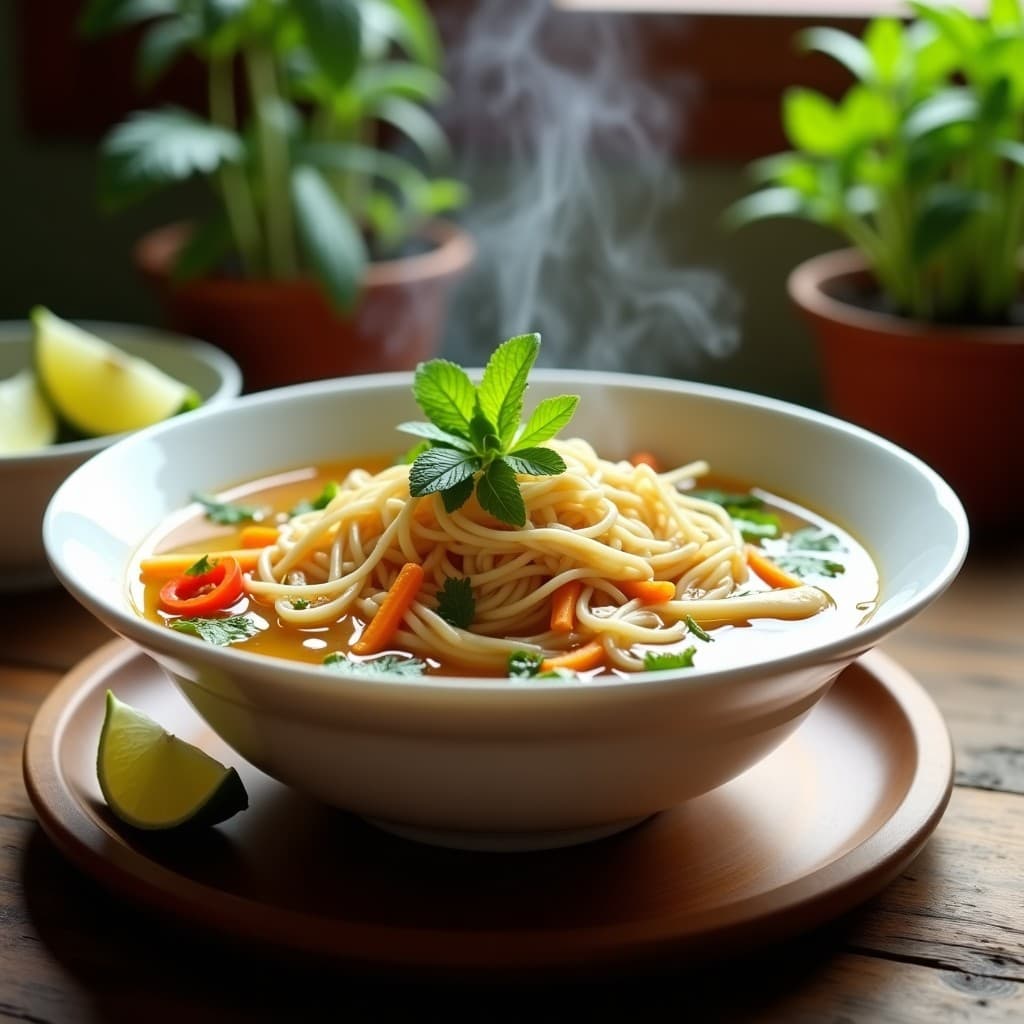 Sopa de Fideos de Arroz y Jengibre: Receta Vietnamita con Pollo y Hierbas Aromáticas