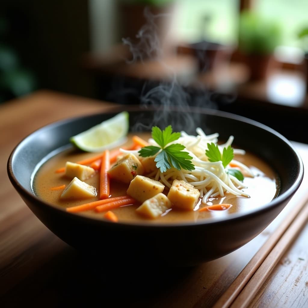 Sopa de Fideos de Arroz con Jengibre y Tempeh: Receta Indonesia Alta en Proteína