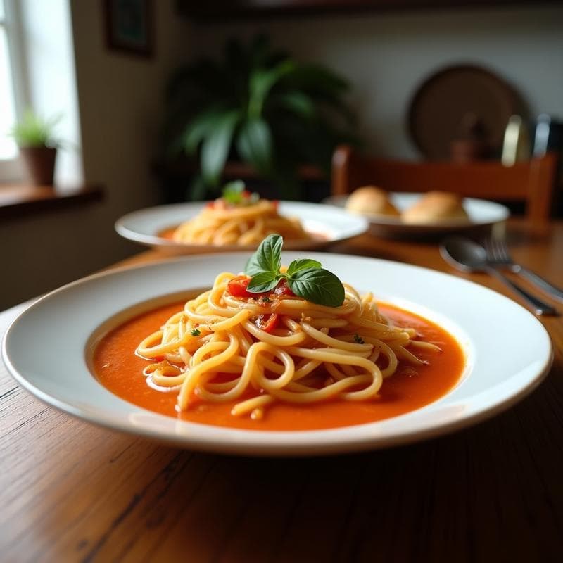 Sopa de Fideos de Arroz con Jitomate y Albahaca Santa: Receta Italiana Vegana en Olla Exprés en 12 Minutos