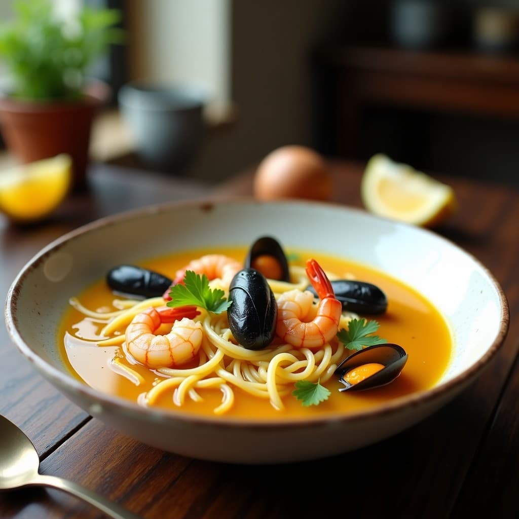 Sopa de Fideos de Arroz y Mariscos con Azafrán: Receta en Airfryer con Toque Persa