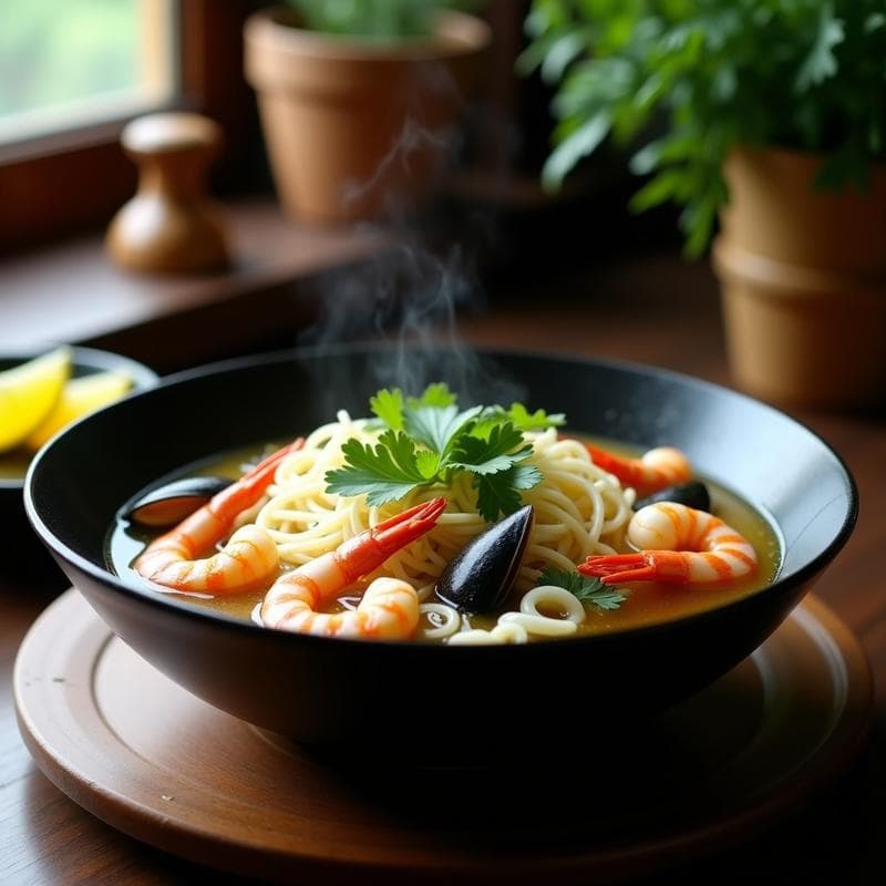 Sopa de Fideos de Arroz y Mariscos con Aromas de Kaffir: Receta Malasia en 15 Minutos