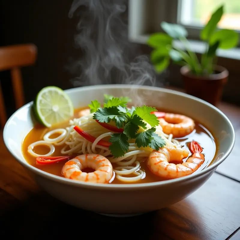 Sopa de Fideos de Arroz y Mariscos: Receta Vietnamita (Pho) con Langostinos y Calamares