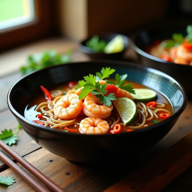 Sopa de Fideos de Arroz Negros con Camarones y Lima: Receta Tailandesa en 15 Minutos