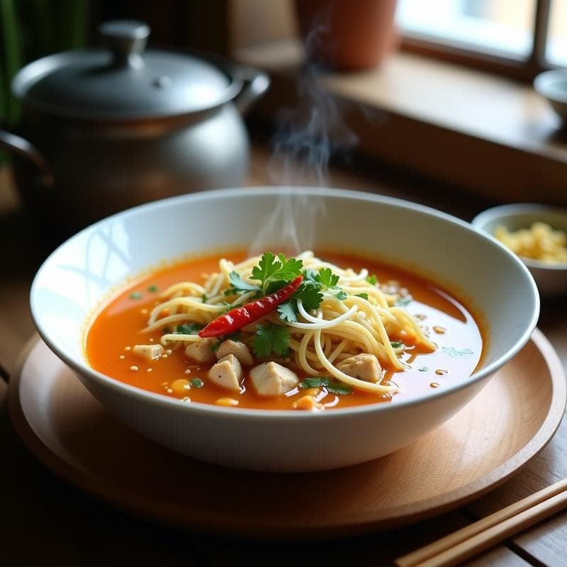 Sopa de Fideos de Arroz con Pollo y Hierbas Tailandesas: Receta en Olla Express