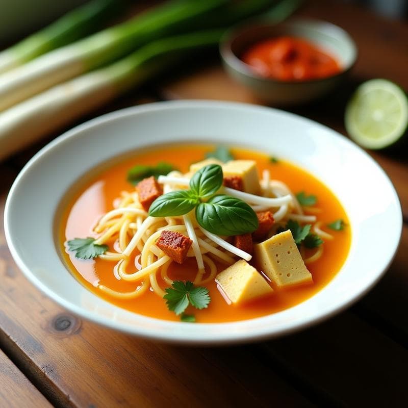 Sopa de fideos de arroz con tempeh y hierbas tailandesas: Receta vegana en 20 minutos