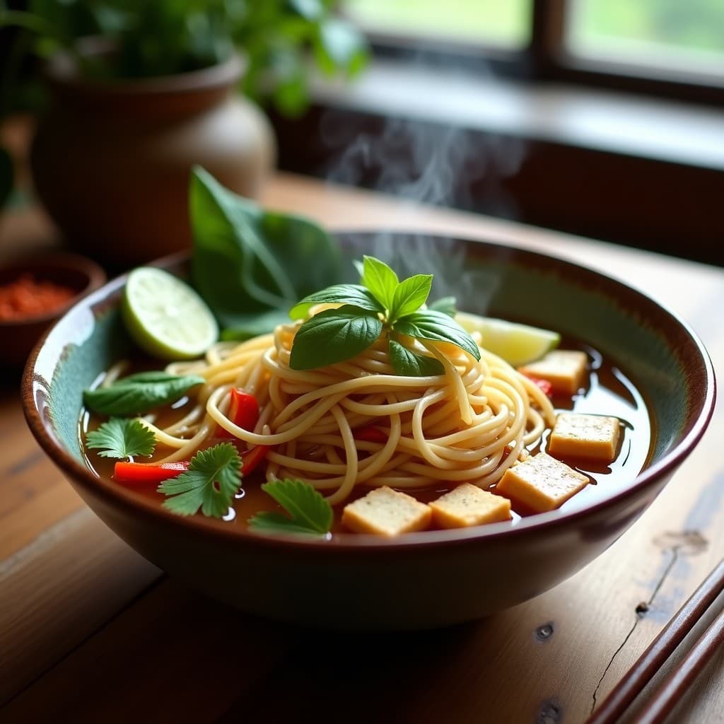 Sopa de Fideos de Arroz Salteados con Tofu Ahumado y Vegetales: Receta Vietnamita Keto