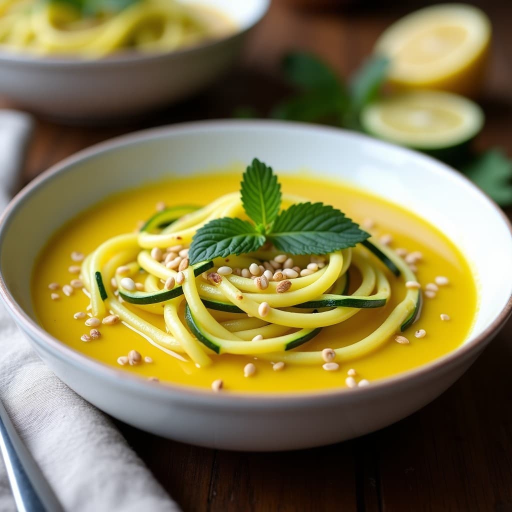 Sopa de Fideos de Calabacín y Cúrcuma con Crujiente de Ajonjolí: Receta Detox Sin Cocción
