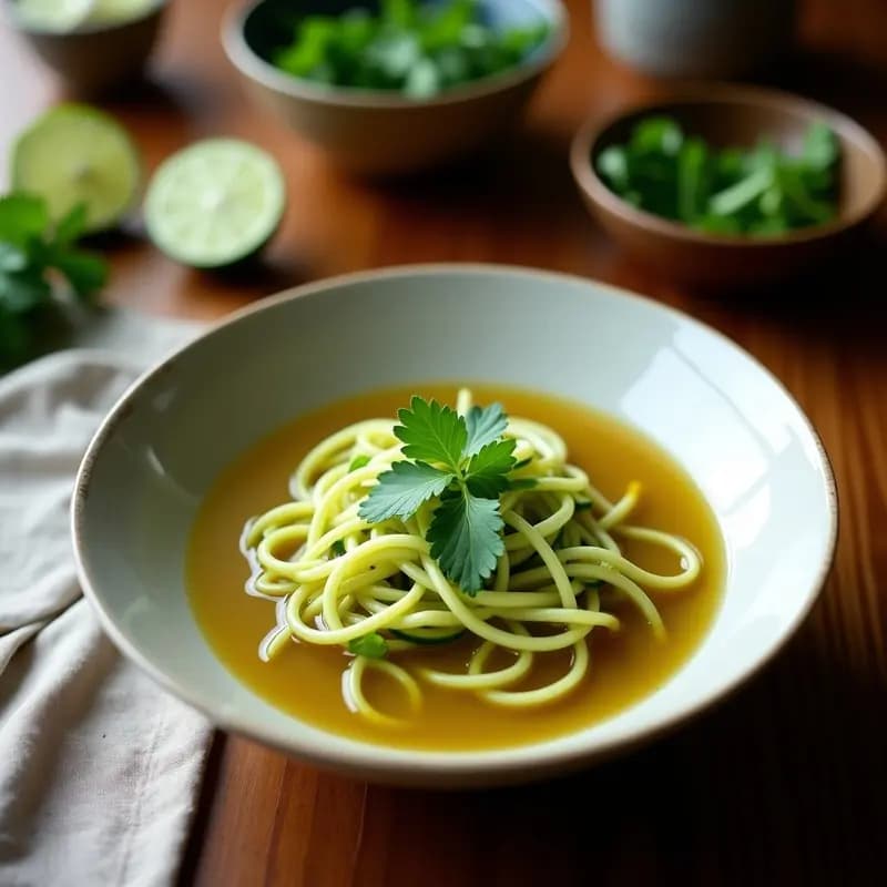 Sopa de Fideos de Calabacín con Caldo de Lima y Cilantro: Receta Peruana Vegana y Depurativa