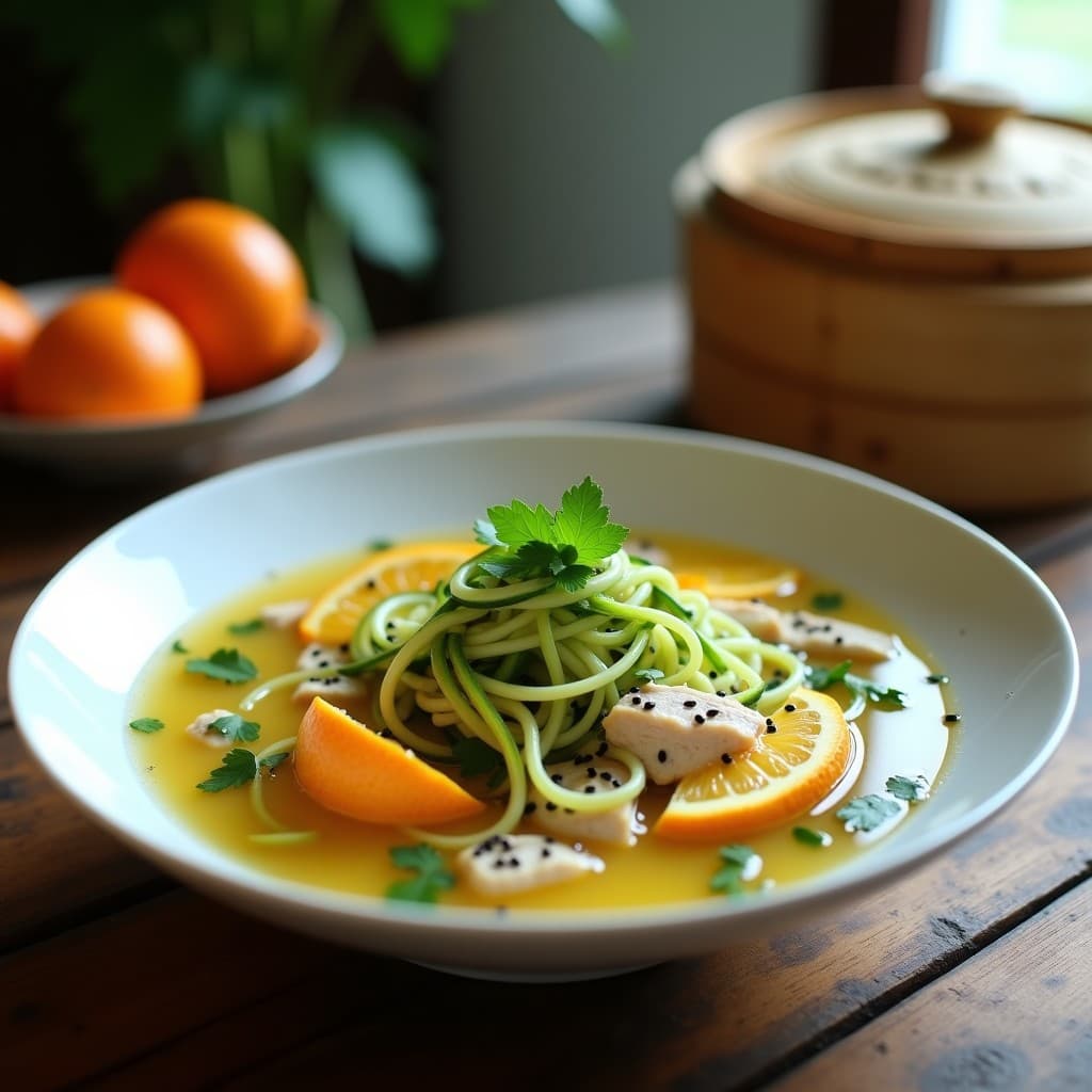 Sopa de Fideos de Calabacín con Pollo Desmenuzado y Cítricos: Receta China Detox y Ligera