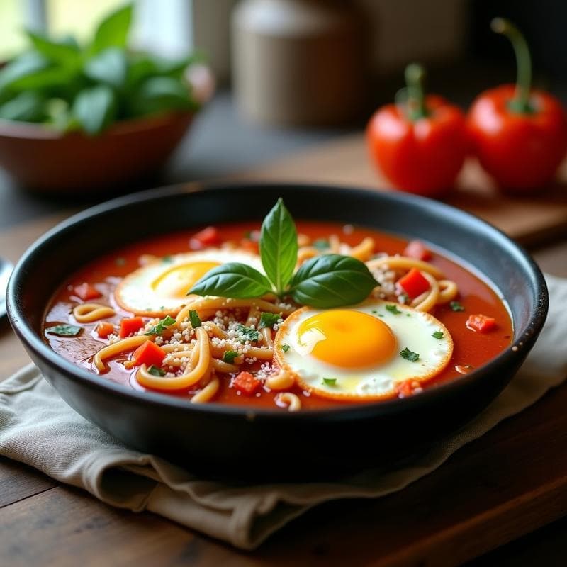 Sopa de Fideos Shakshuka con Huevo Pochado: Receta tuning-italiana en Airfryer con Toque Picante