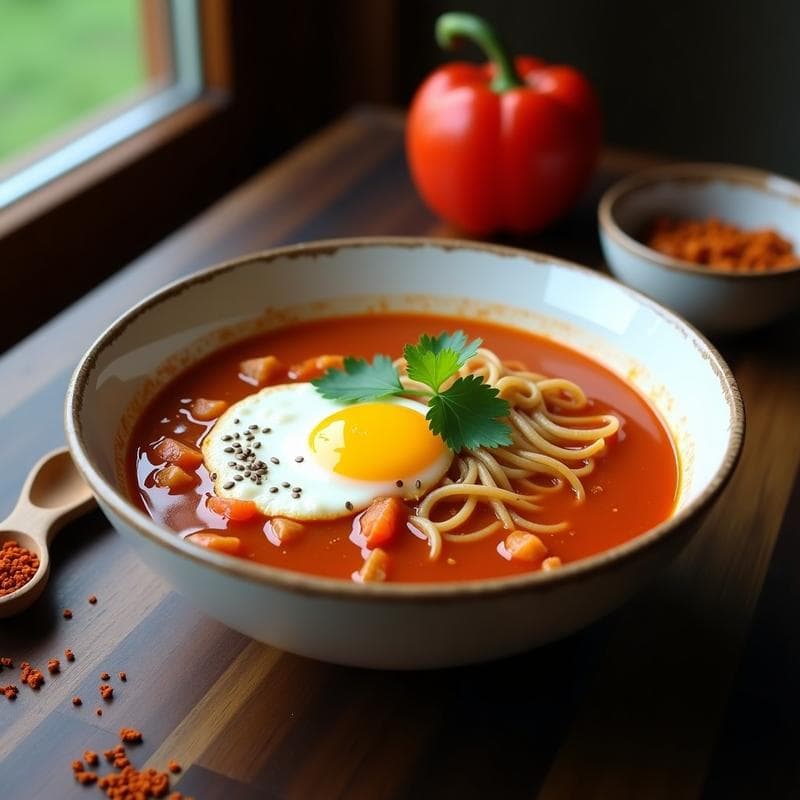 Sopa de Fideos Shakshuka con Huevo Poché: Receta en Olla Express