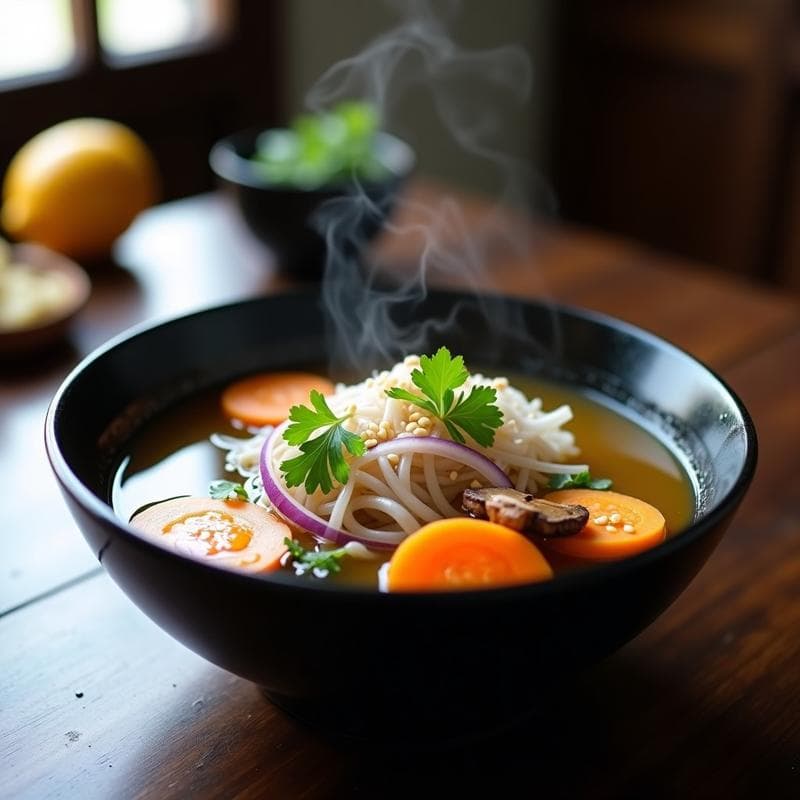 Sopa de Fideos Shirataki con Caldo de Bone Broth y Jengibre: Receta Japonesa Alta en Proteína