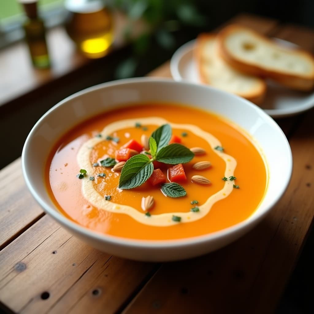 Sopa Fría de Gazpacho Andaluz con Vinagreta de Almendras: Receta Española Sin Lactosa