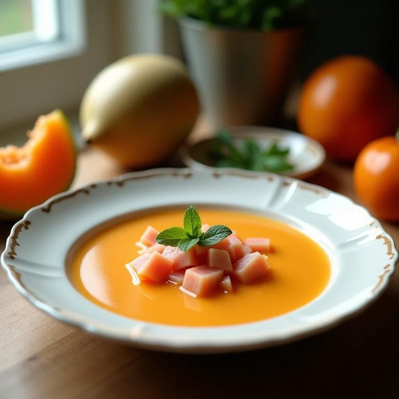 Sopa Fría de Melón Cantalupo con Jamón Serrano y Poleo: Receta Española para el Verano