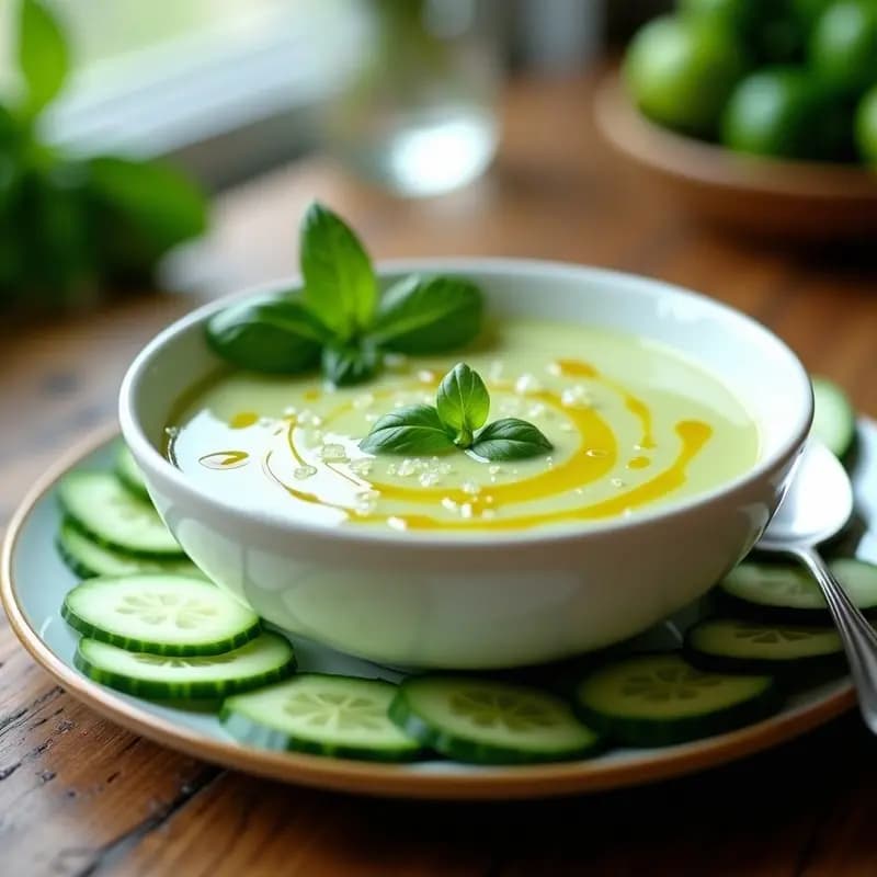 Sopa Fría de Pepino y Albahaca con Virgin Olive Oil: Gazpacho Griego Keto en 10 Minutos