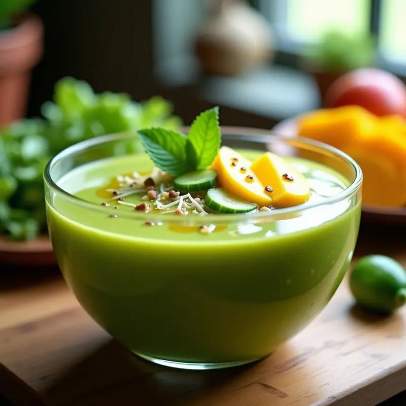 Sopa Fría de Pepino, Apio y Mango con Topping de Germinados: Gazpacho Tropical Detox