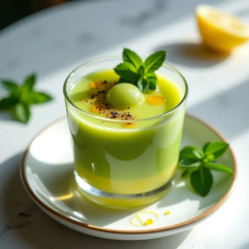 Sopa Fría de Pepino, Kiwi Verde y Jengibre con Topping de Caviar de Limón