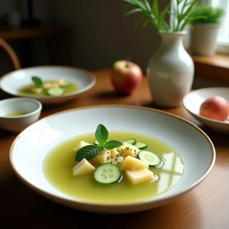 Sopa Fría de Pepino y Melón con Toque de Menta y Vinagre de Manzana