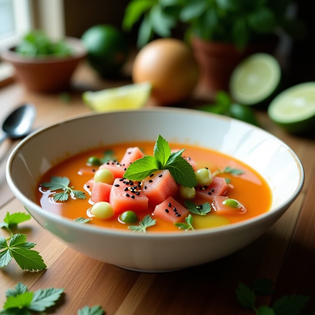 Sopa Fría de Sandía y Tomatillo: Receta Tailandesa con Hierbas Frescas y Chile