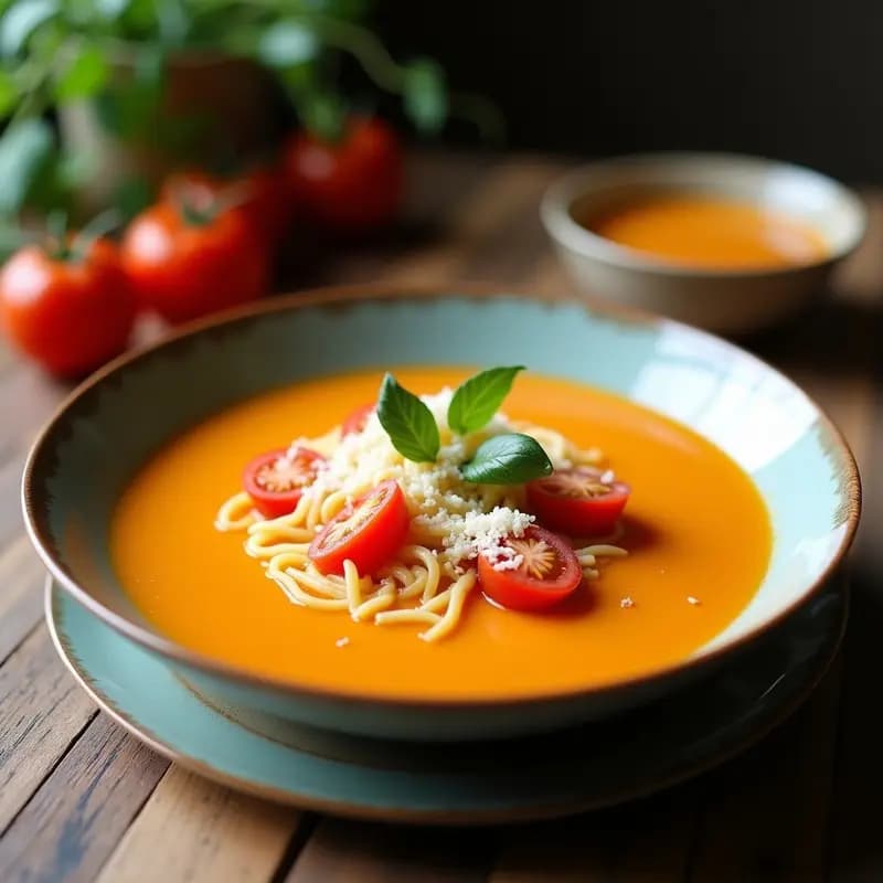 Sopa Fría de Tomate Amarillo y Albahaca con Crujiente de Queso Parmesano: Entrante Italiano en 10 Minutos