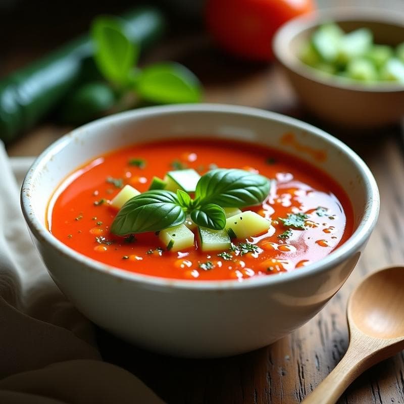 Sopa Fría de Tomate y Pepino con Vinagreta de Albahaca: Gazpacho Alternativo en 15 Minutos